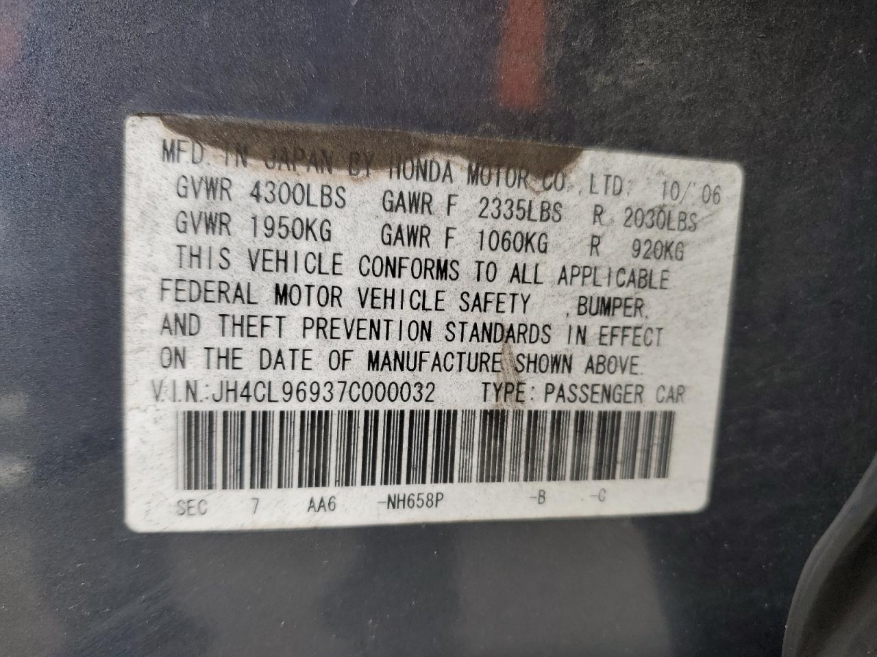 2007 Acura Tsx VIN: JH4CL96937C000032 Lot: 92479585