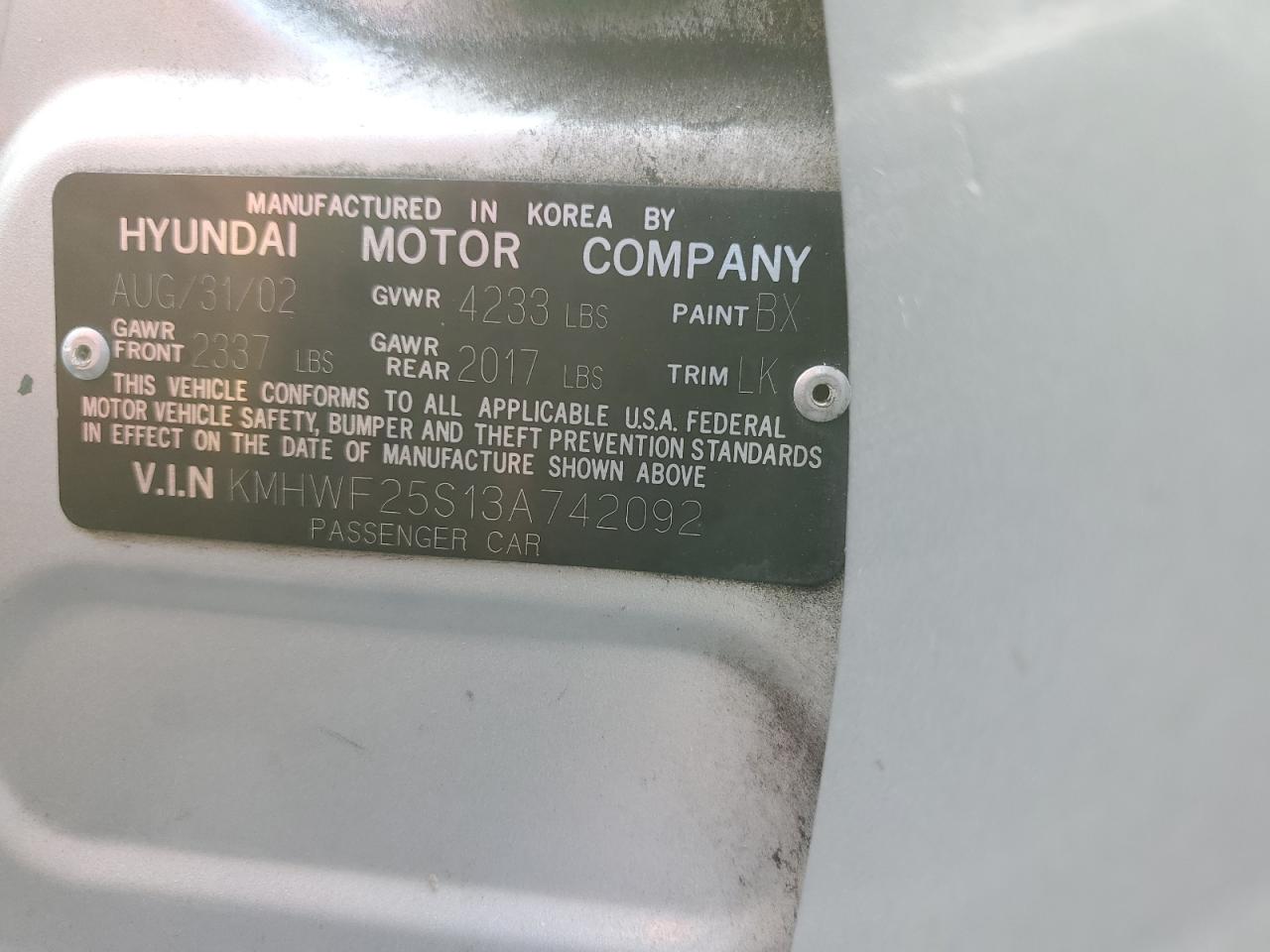 2003 Hyundai Sonata Gl VIN: KMHWF25S13A742092 Lot: 91180325