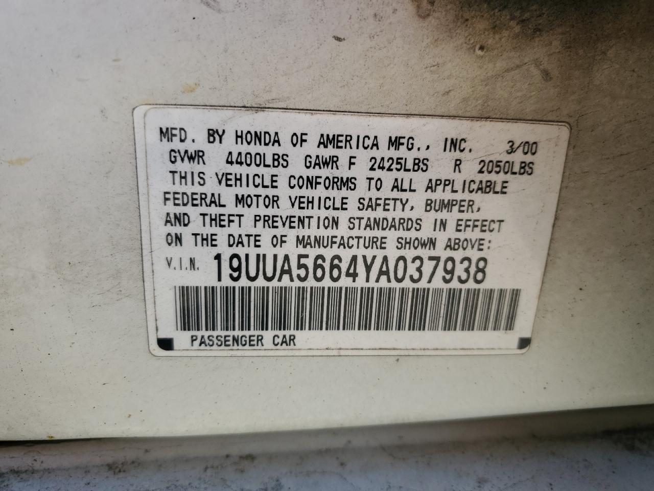 2000 Acura 3.2Tl VIN: 19UUA5664YA037938 Lot: 92835735