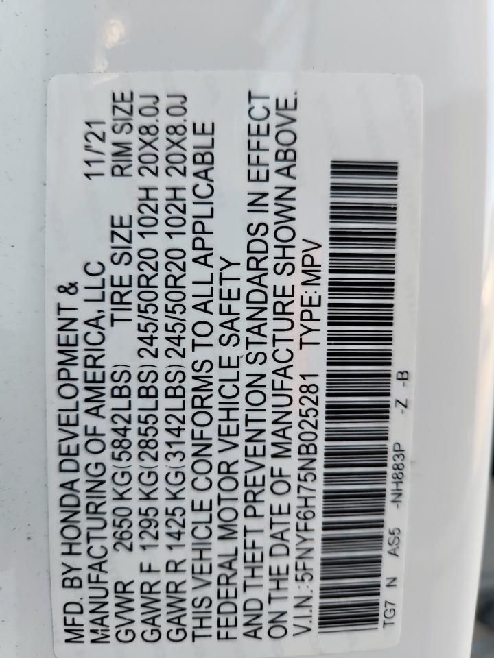 2022 Honda Pilot Black VIN: 5FNYF6H75NB025281 Lot: 91459795