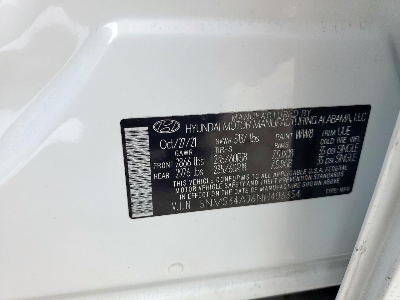 2022 Hyundai Santa Fe Sel VIN: 5NMS34AJ6NH406354 Lot: 93905005