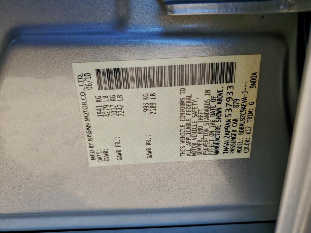 2010 Nissan Altima Base VIN: 1N4AL2AP9AN537933 Lot: 93913575