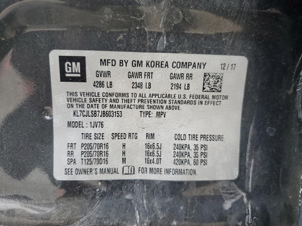 2018 Chevrolet Trax 1Lt VIN: KL7CJLSB7JB603153 Lot: 93749935