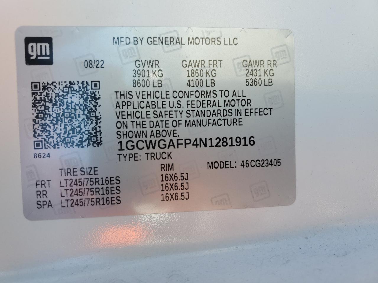 2022 Chevrolet Express 2500 Delivery Van VIN: 1GCWGAFP4N1281916 Lot: 90949035