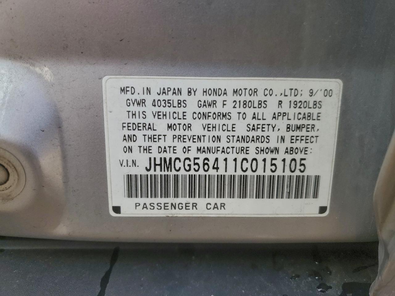 2001 Honda Accord Lx VIN: JHMCG56411C015105 Lot: 94344765