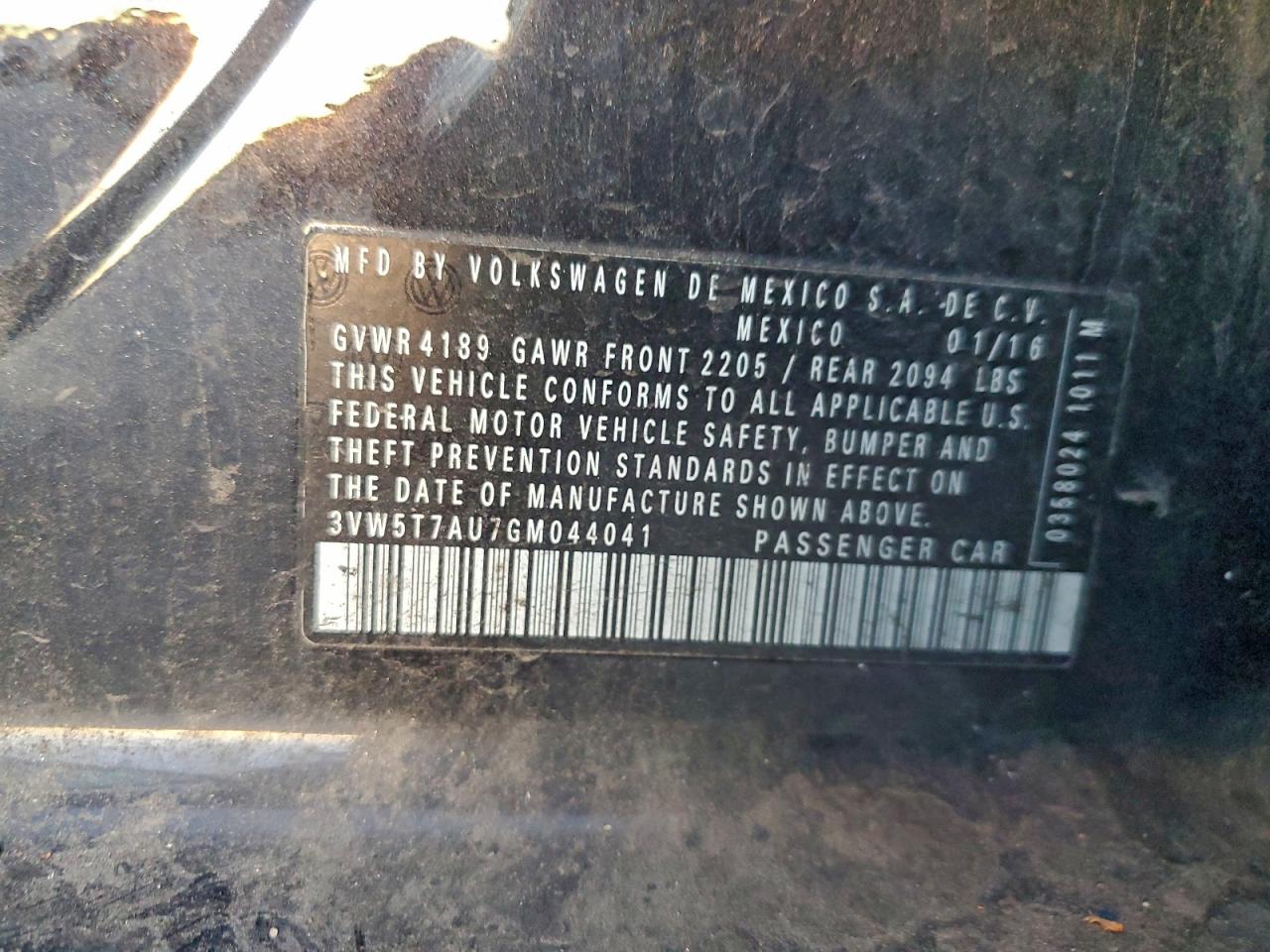 2016 Volkswagen Gti S/Se VIN: 3VW5T7AU7GM044041 Lot: 94696075