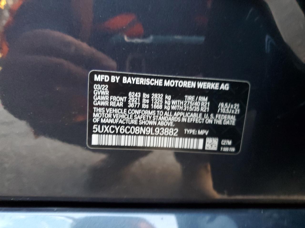 2022 BMW X6 xDrive40I VIN: 5UXCY6C08N9L93882 Lot: 93472995