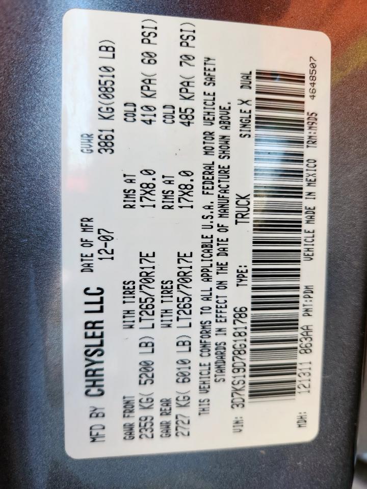 2008 Dodge Ram 1500 VIN: 3D7KS19D78G181786 Lot: 93042265