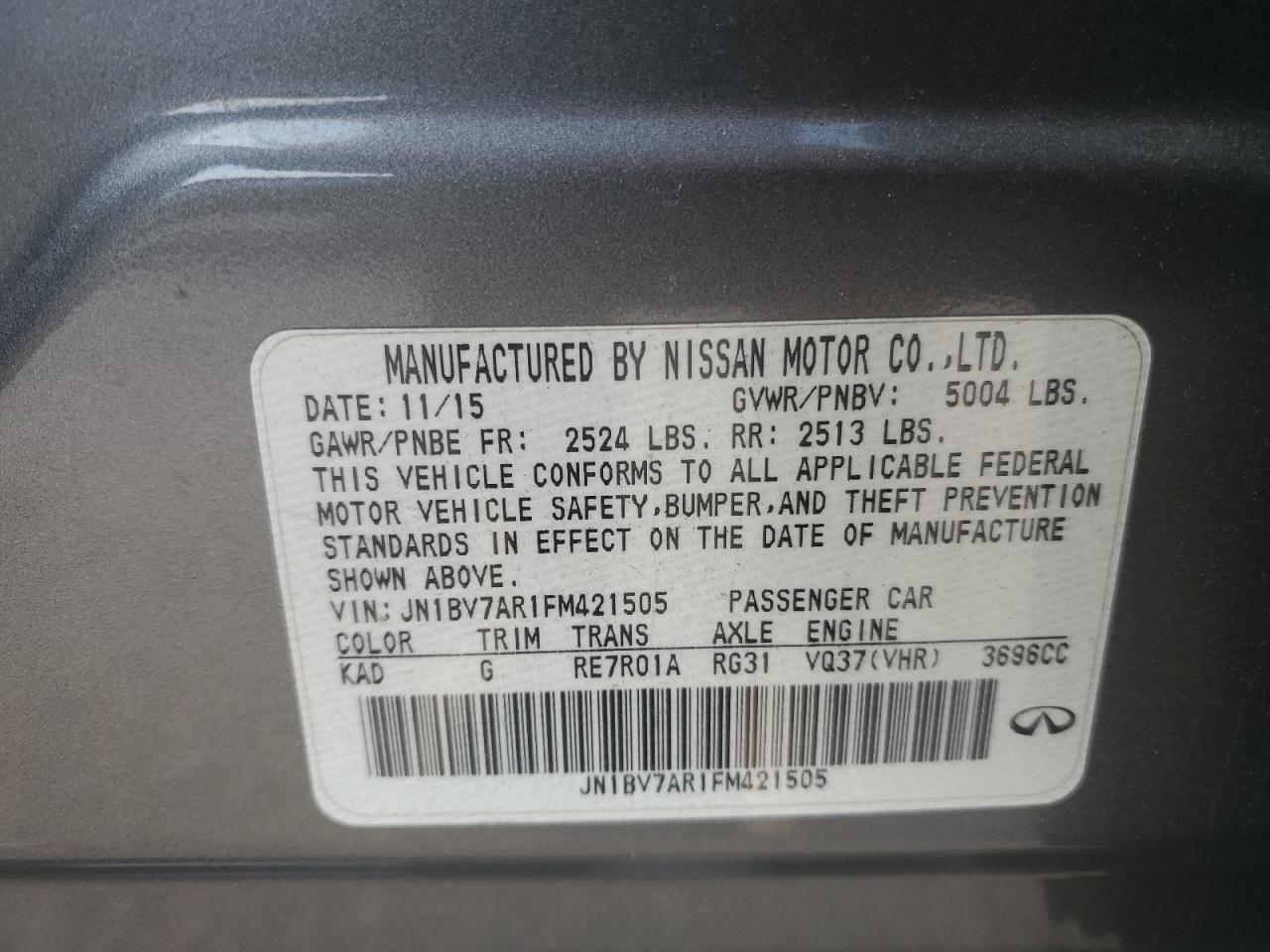 2015 Infiniti Q50 Base VIN: JN1BV7AR1FM421505 Lot: 91812405