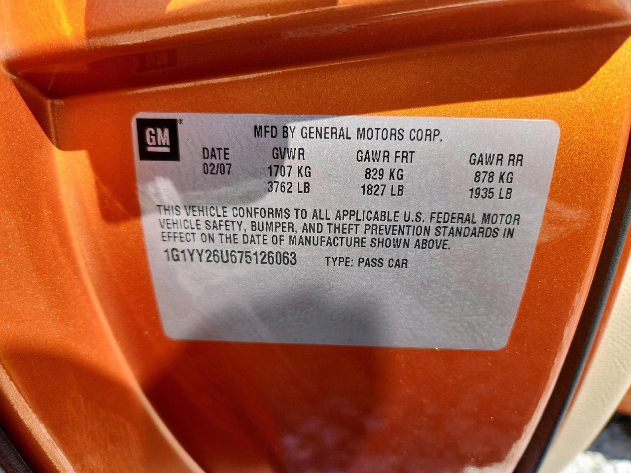 2007 Chevrolet Corvette VIN: 1G1YY26U675126063 Lot: 89927445