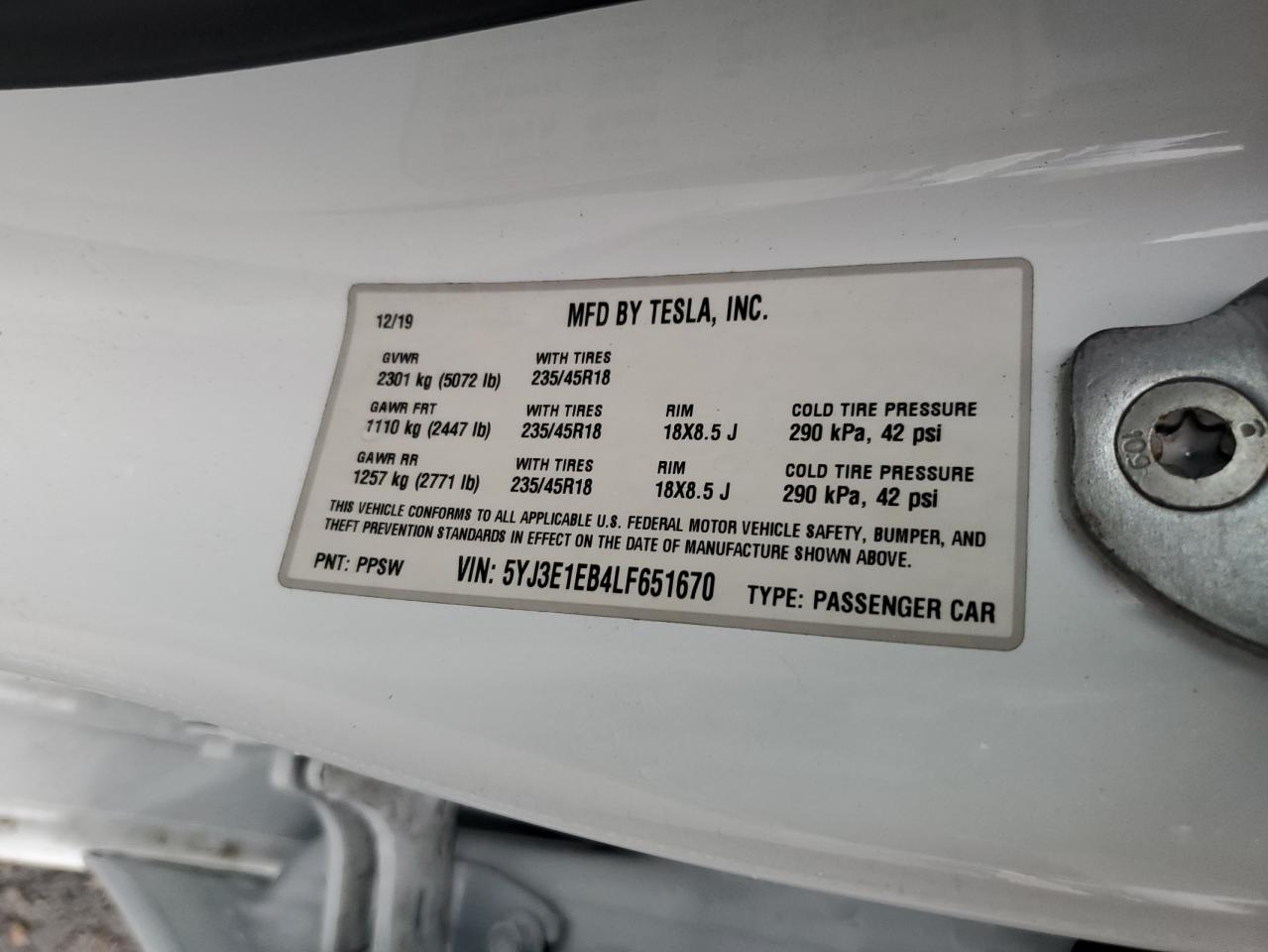 2020 Tesla Model 3 VIN: 5YJ3E1EB4LF651670 Lot: 91681325