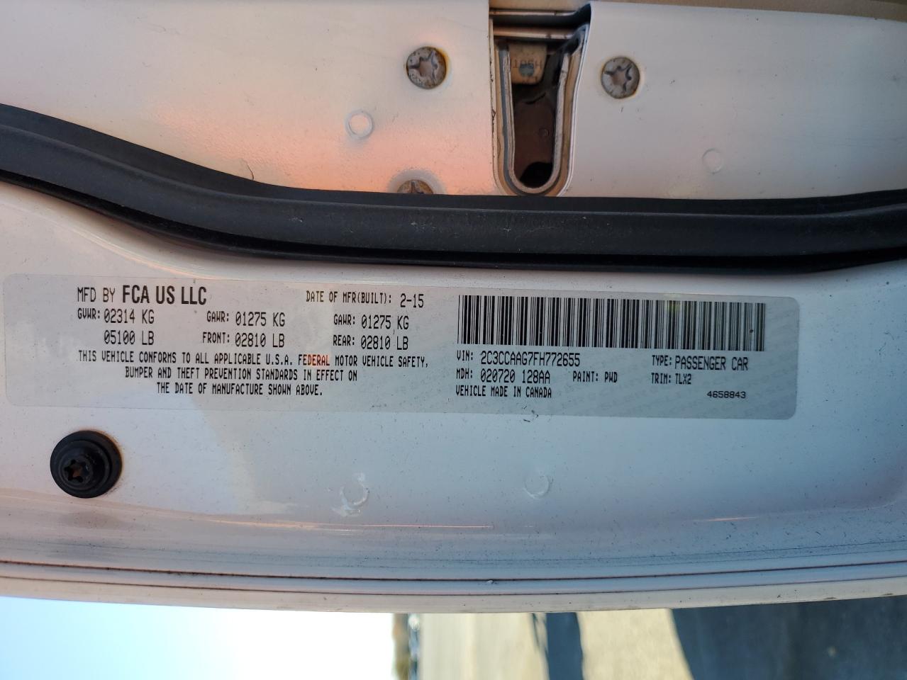 2015 Chrysler 300 Limited VIN: 2C3CCAAG7FH772655 Lot: 91522625