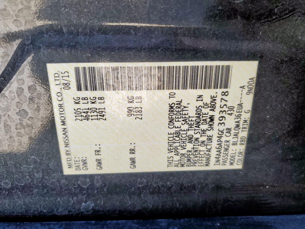 2016 Nissan Maxima 3.5S VIN: 1N4AA6AP4GC393578 Lot: 91145675