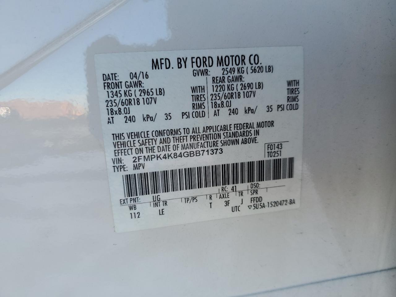 2016 Ford Edge Titanium VIN: 2FMPK4K84GBB71373 Lot: 91908035