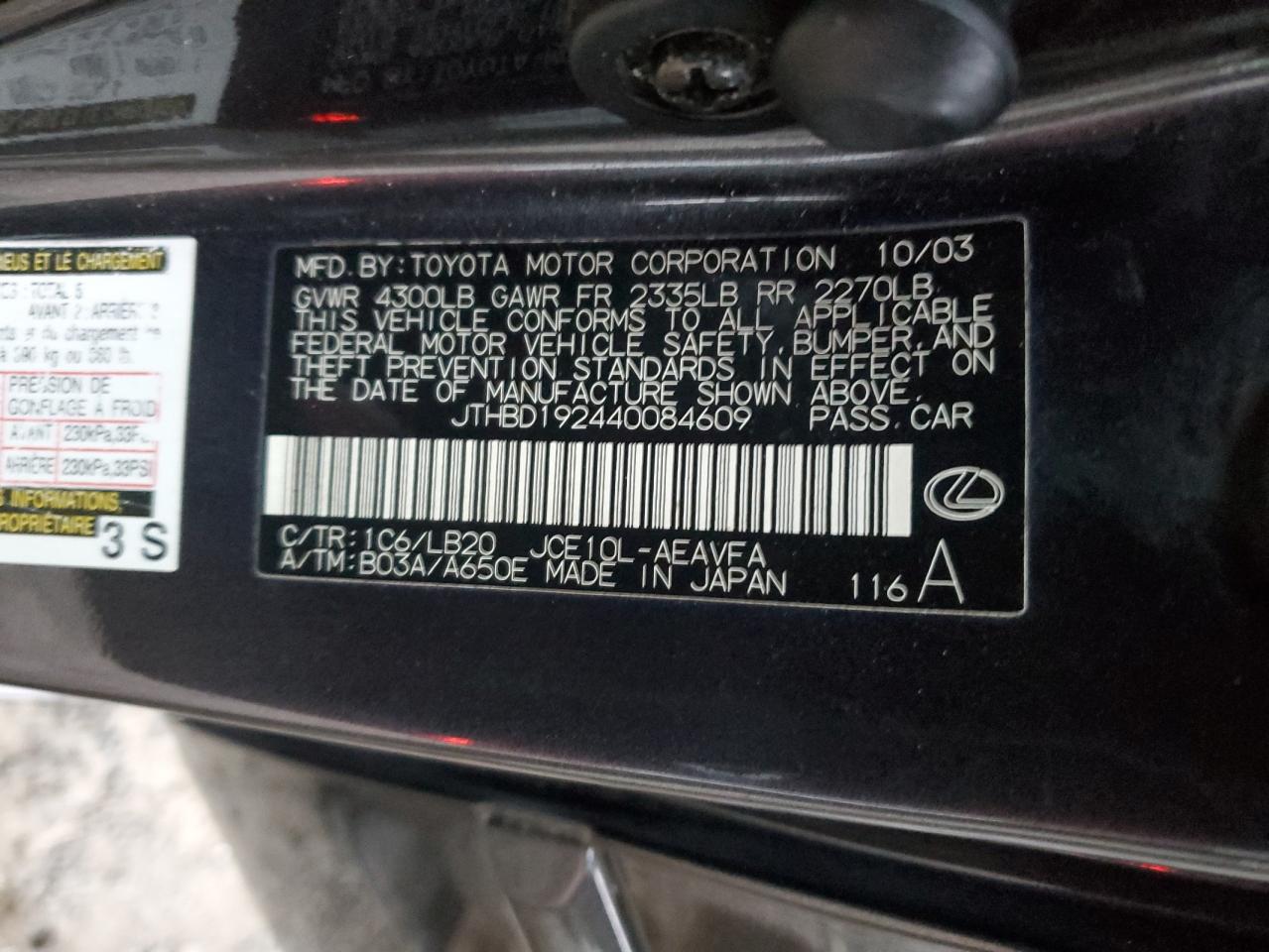 2004 Lexus Is 300 VIN: JTHBD192440084609 Lot: 92471085