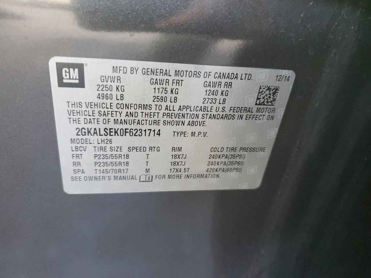 2015 GMC Terrain Slt VIN: 2GKALSEK0F6231714 Lot: 92428695