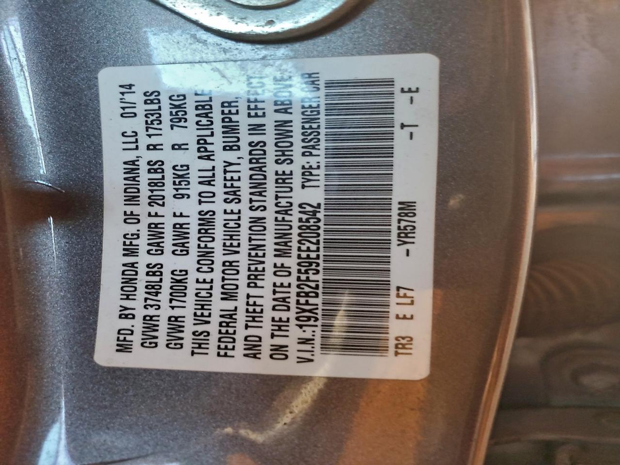 2014 Honda Civic Lx VIN: 19XFB2F59EE208542 Lot: 94583355