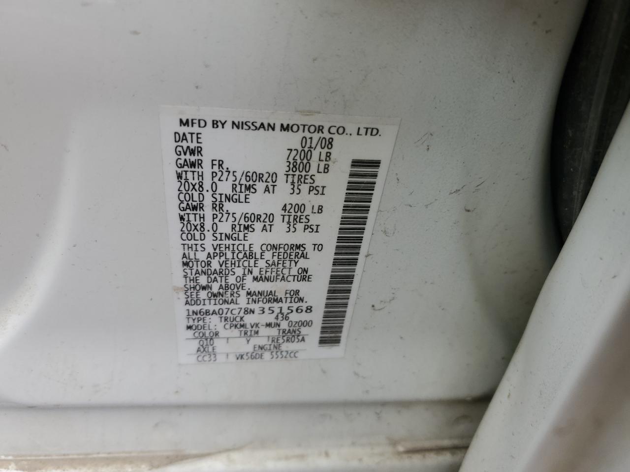 2008 Nissan Titan Xe VIN: 1N6BA07C78N351568 Lot: 92858875