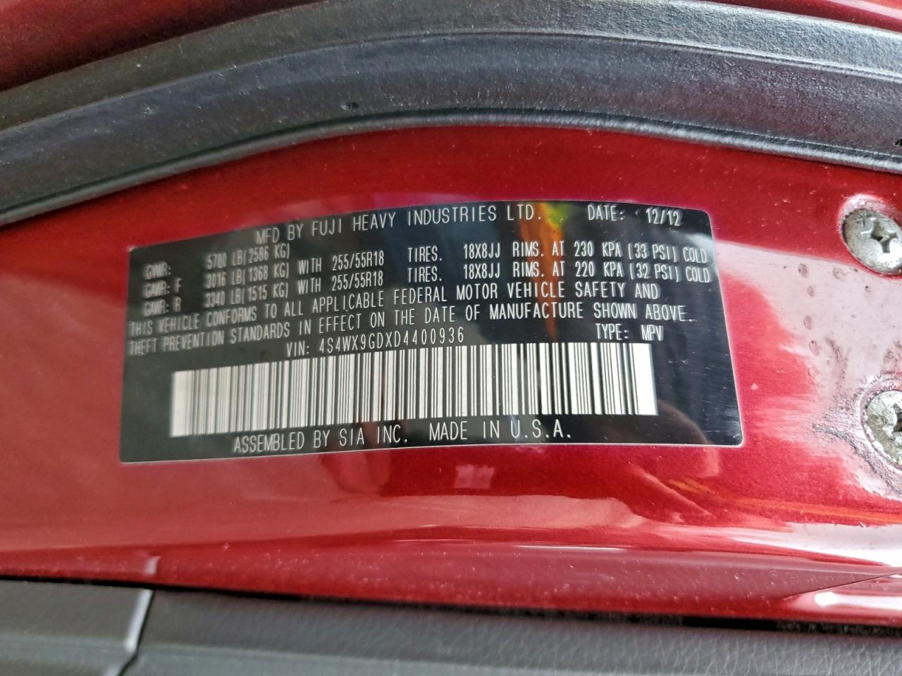 2013 Subaru Tribeca Limited VIN: 4S4WX9GDXD4400936 Lot: 94113475