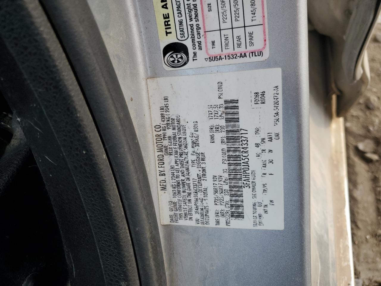 2012 Ford Fusion Sel VIN: 3FAHP0JA5CR433717 Lot: 92725555