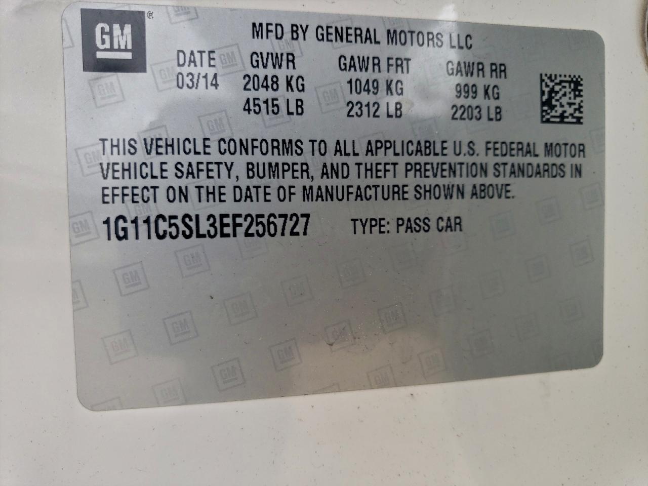 2014 Chevrolet Malibu 1Lt VIN: 1G11C5SL3EF256727 Lot: 93217585