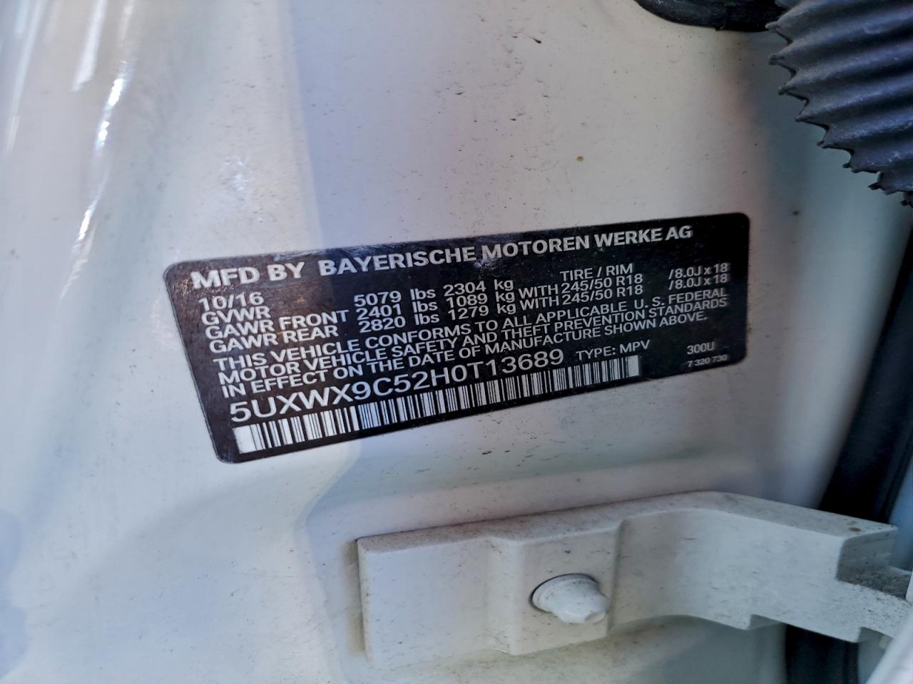 2017 BMW X3 xDrive28I VIN: 5UXWX9C52H0T13689 Lot: 93730515