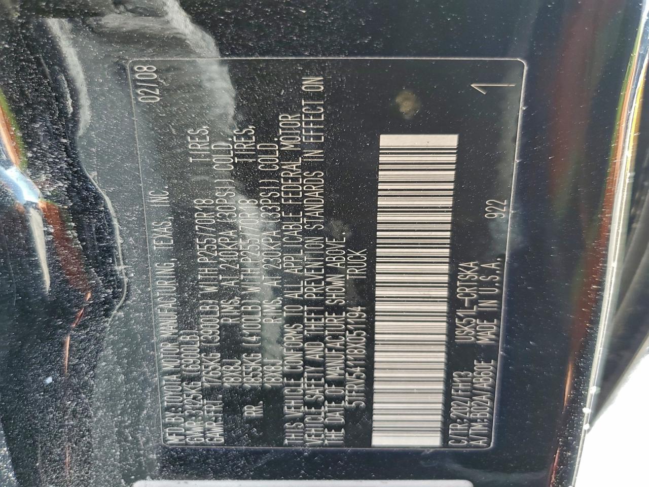 2008 Toyota Tundra Double Cab VIN: 5TFRV54118X051194 Lot: 94118015