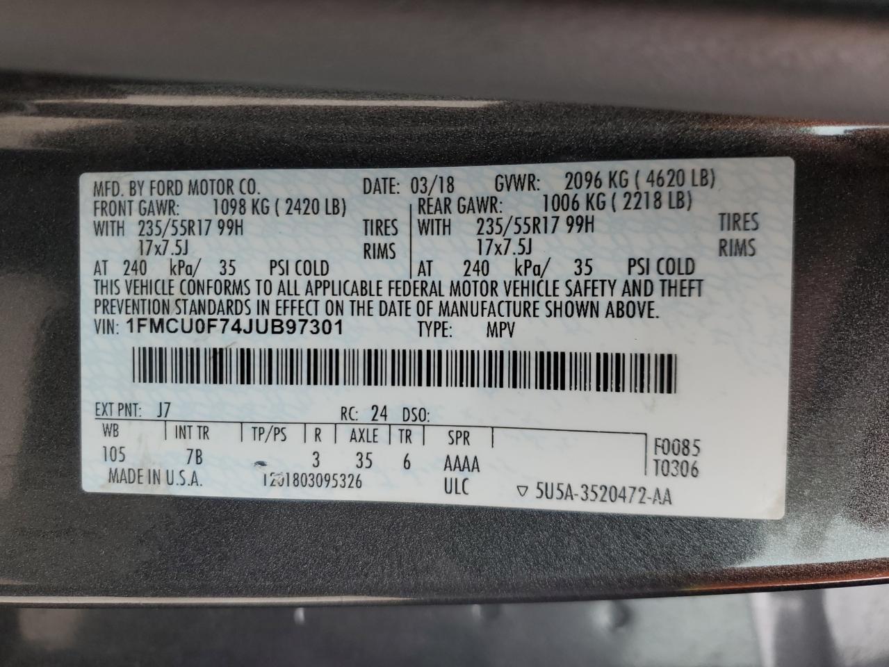 2018 Ford Escape S VIN: 1FMCU0F74JUB97301 Lot: 91830165