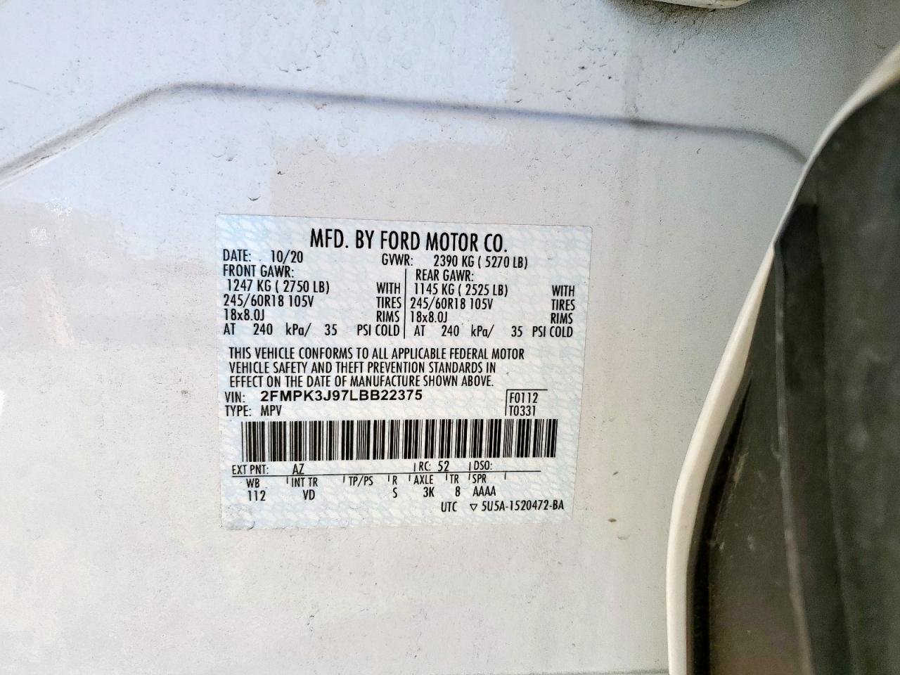 2020 Ford Edge Sel VIN: 2FMPK3J97LBB22375 Lot: 91130015