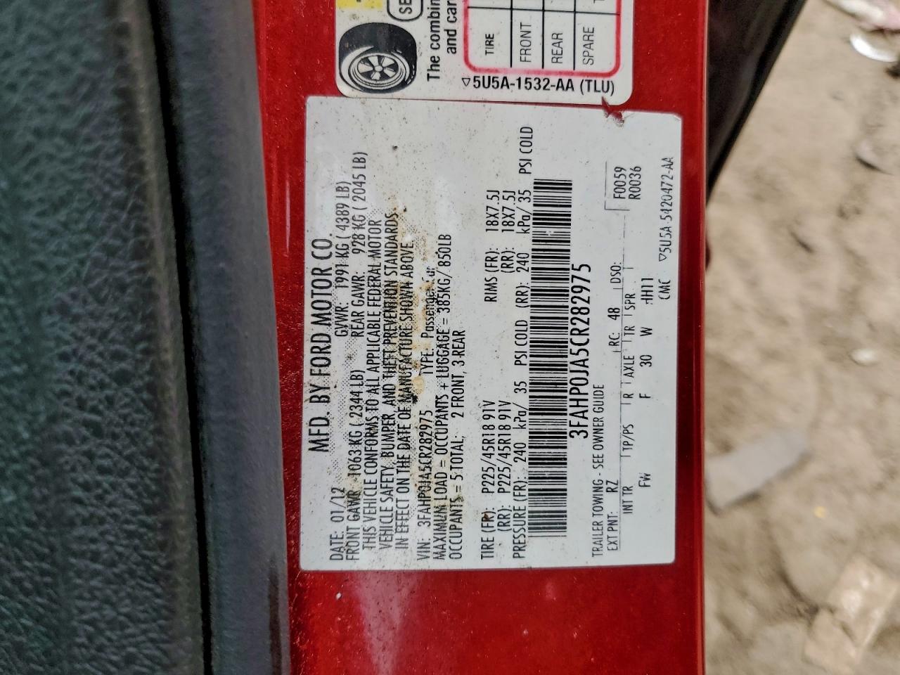 2012 Ford Fusion Sel VIN: 3FAHP0JA5CR282975 Lot: 93776305