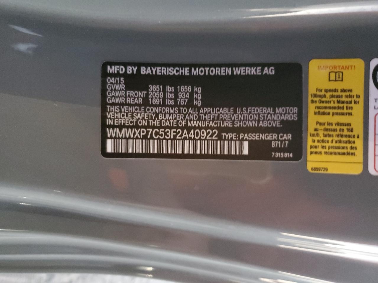 2015 Mini Cooper S VIN: WMWXP7C53F2A40922 Lot: 91318985