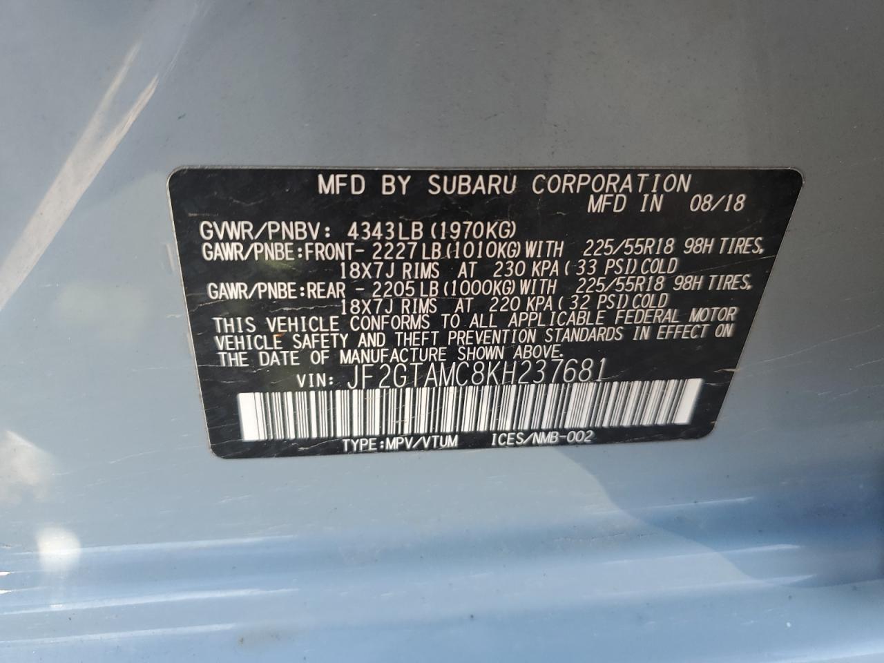 2019 Subaru Crosstrek Limited VIN: JF2GTAMC8KH237681 Lot: 91034815