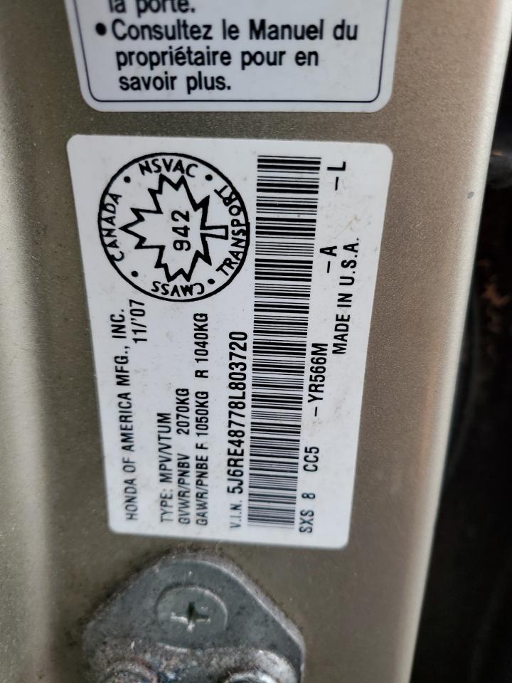 2008 Honda Cr-V Exl VIN: 5J6RE48778L803720 Lot: 90913425