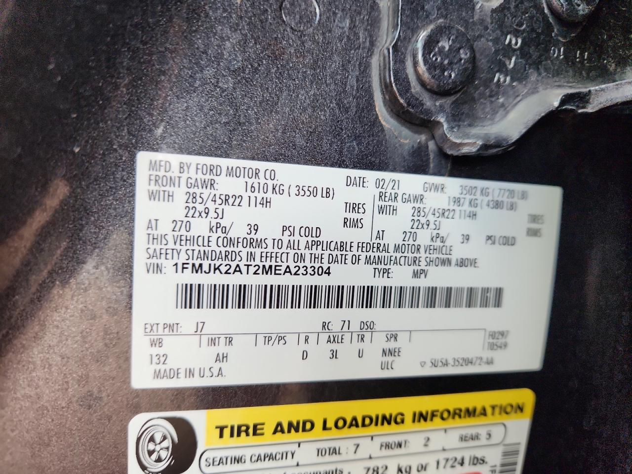 2021 Ford Expedition Max Limited VIN: 1FMJK2AT2MEA23304 Lot: 93230865