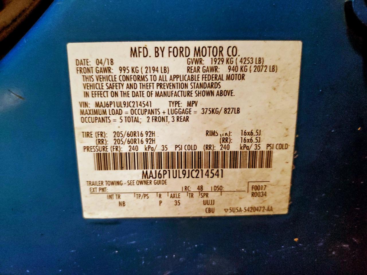 2018 Ford Ecosport Se VIN: MAJ6P1UL9JC214541 Lot: 92748475