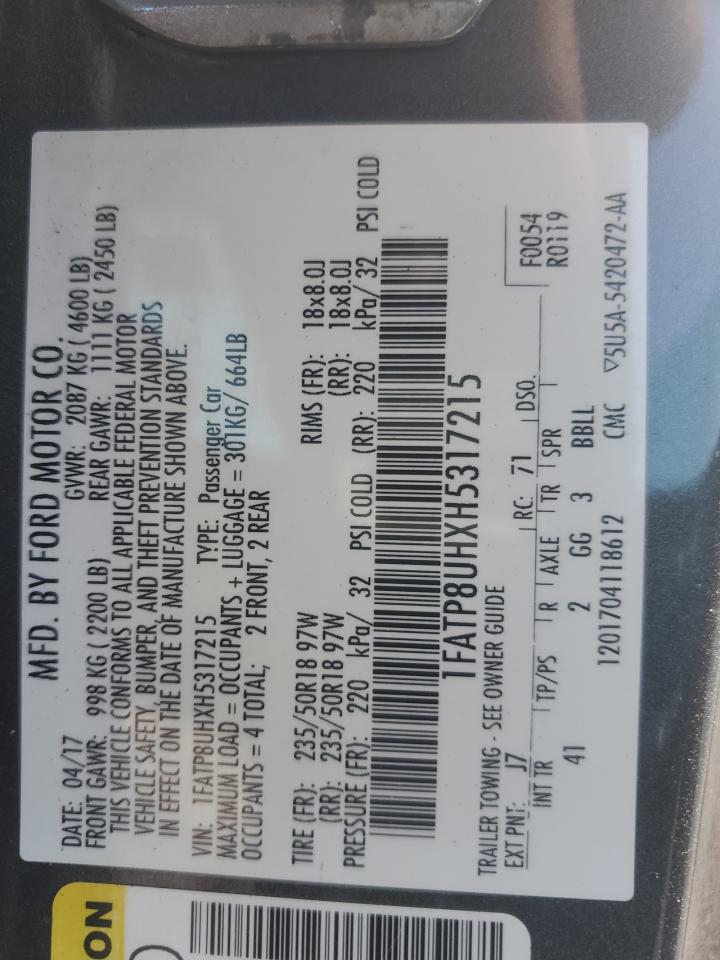 2017 Ford Mustang VIN: 1FATP8UHXH5317215 Lot: 92683615