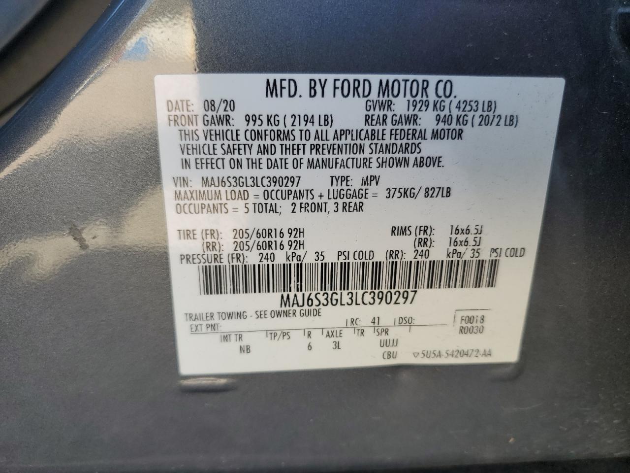 2020 Ford Ecosport Se VIN: MAJ6S3GL3LC390297 Lot: 92984905