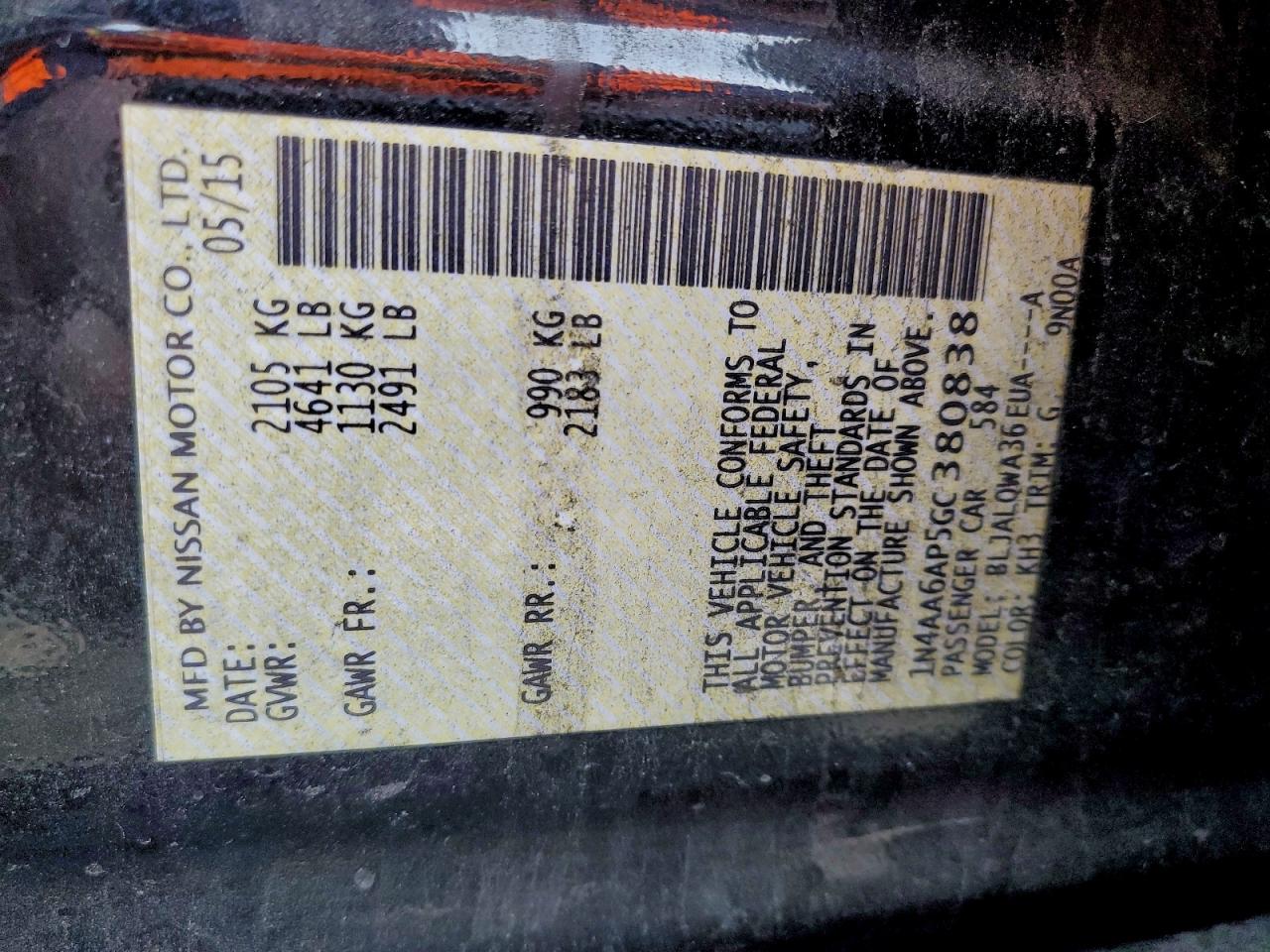 2016 Nissan Maxima 3.5S VIN: 1N4AA6AP5GC380838 Lot: 93297775