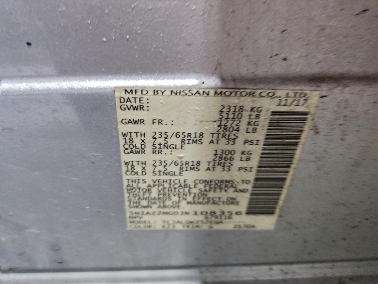 2018 Nissan Murano S VIN: 5N1AZ2MG0JN108356 Lot: 94064355