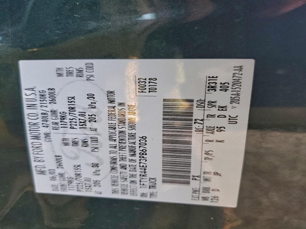 2003 Ford Ranger Super Cab VIN: 1FTYR44E73PB67036 Lot: 94101635