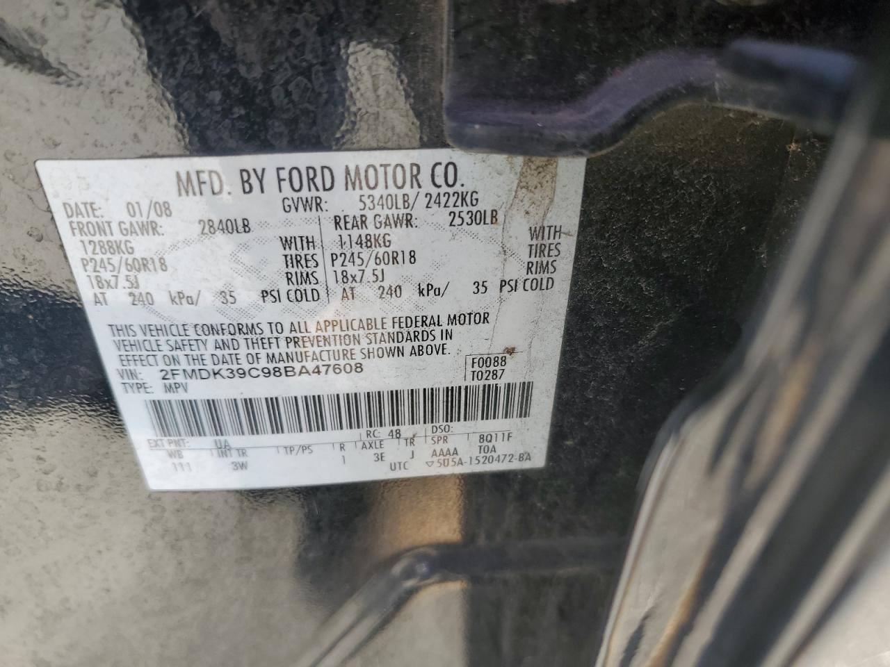 2008 Ford Edge Limited VIN: 2FMDK39C98BA47608 Lot: 93018695