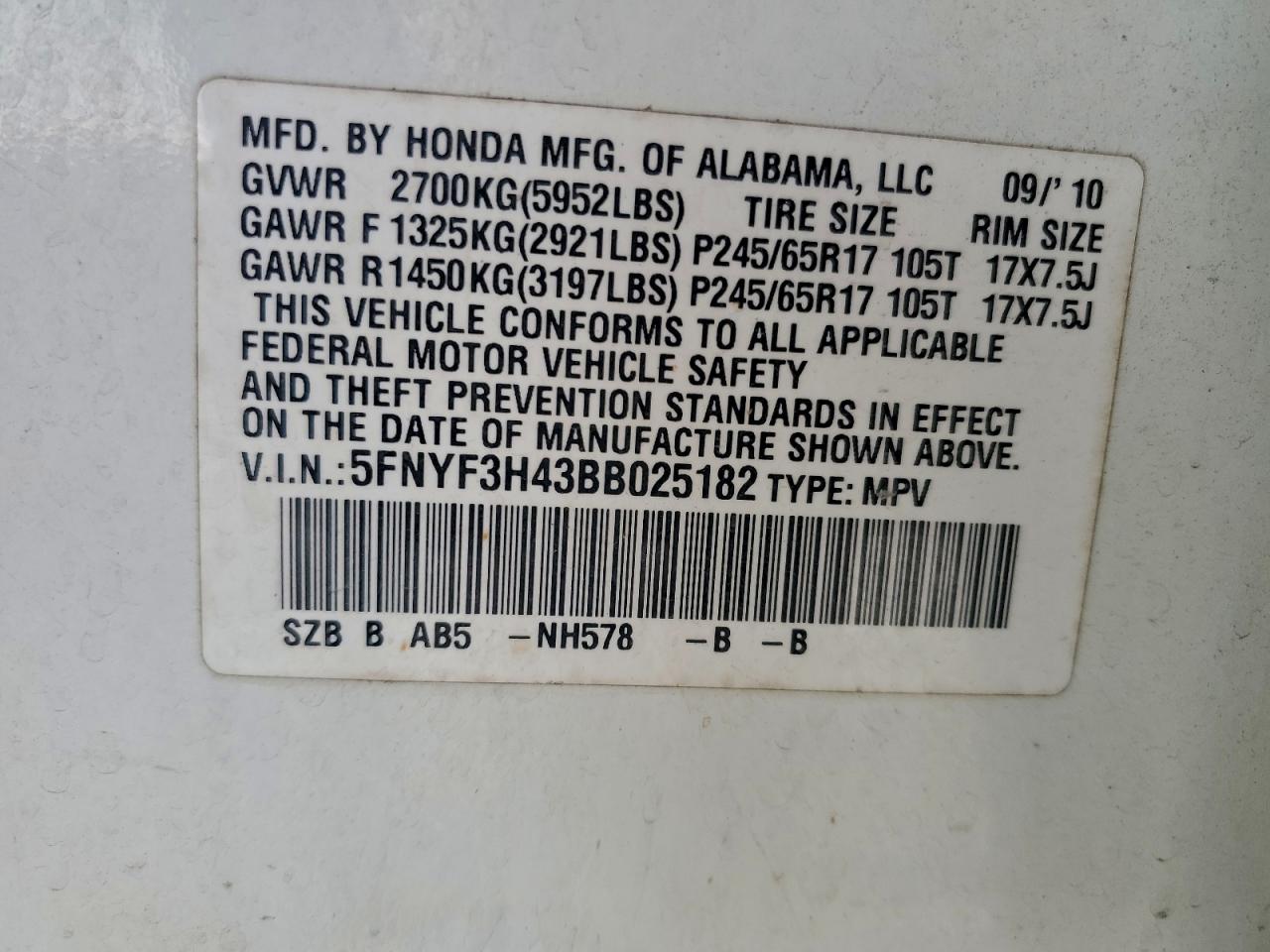 2011 Honda Pilot Ex VIN: 5FNYF3H43BB025182 Lot: 93418365