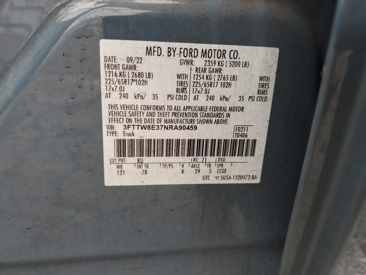 2022 Ford Maverick Xl VIN: 3FTTW8E37NRA90459 Lot: 93071505