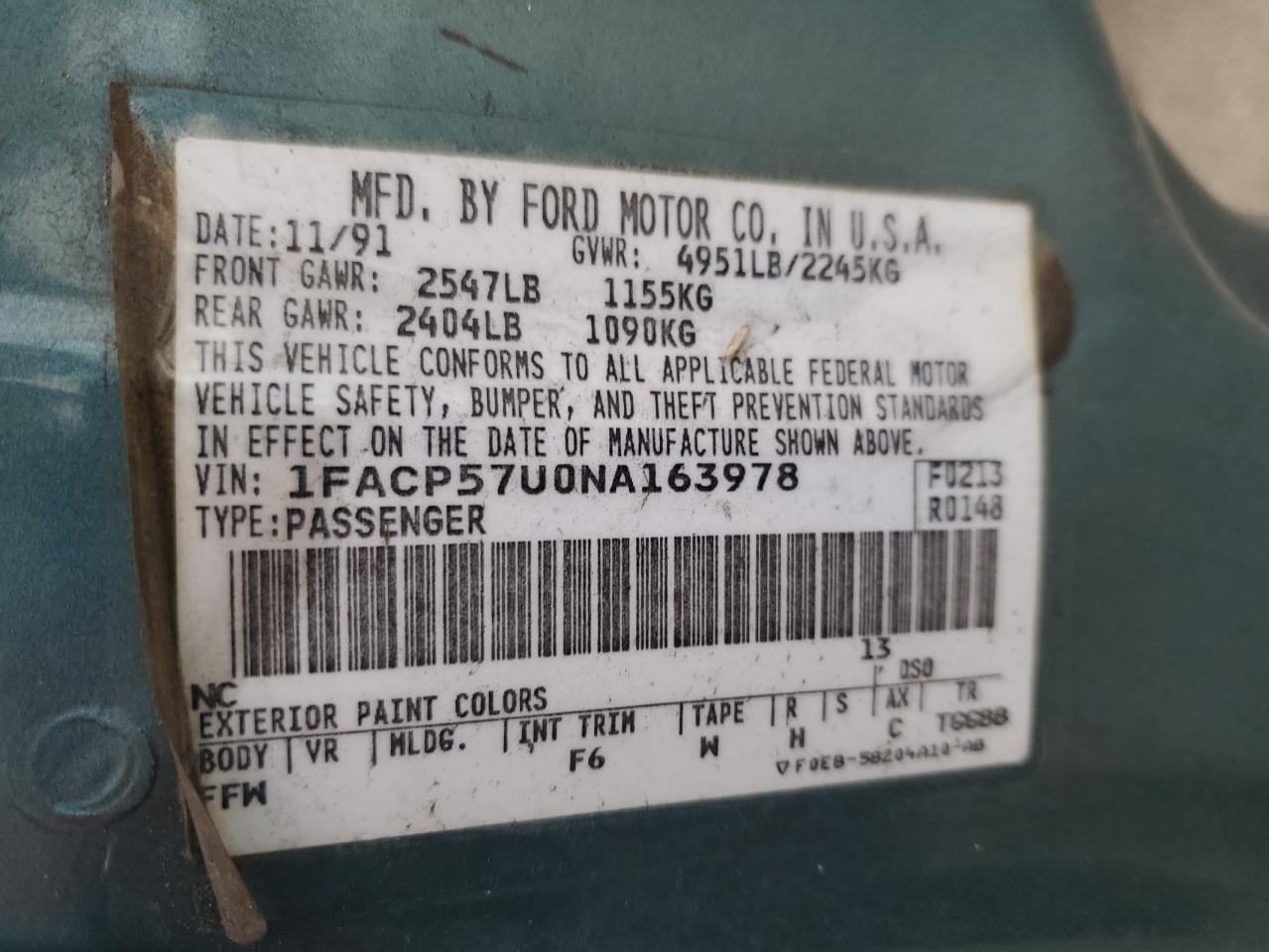 1992 Ford Taurus Gl VIN: 1FACP57U0NA163978 Lot: 92873075