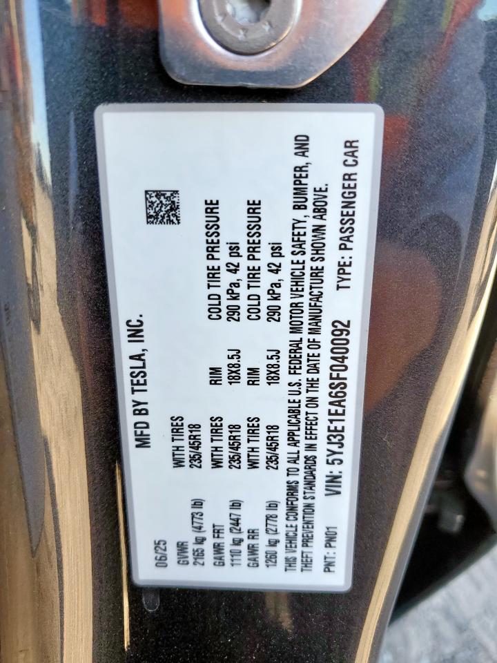 2025 Tesla Model 3 VIN: 5YJ3E1EA6SF040092 Lot: 91111085