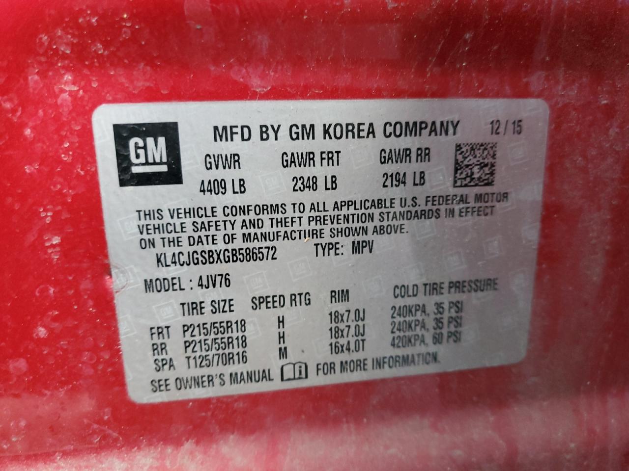 2016 Buick Encore VIN: KL4CJGSBXGB586572 Lot: 93335805