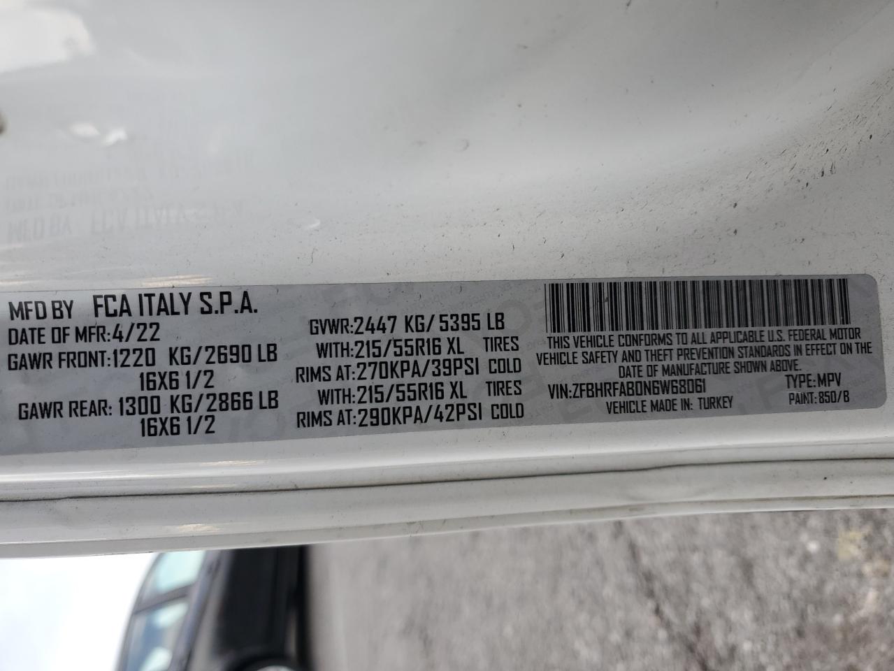 2022 Ram Promaster Delivery Van VIN: ZFBHRFAB0N6W68061 Lot: 92461935