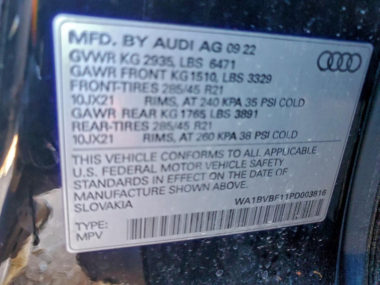 2023 Audi Q8 Premium Plus VIN: WA1BVBF11PD003816 Lot: 94320905