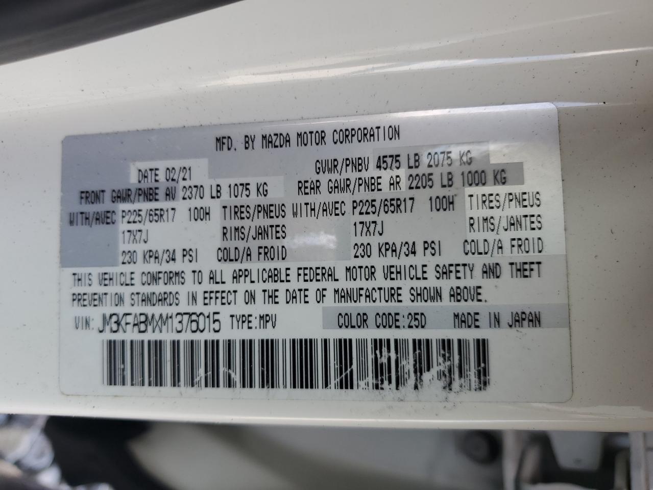 2021 Mazda Cx-5 Sport VIN: JM3KFABMXM1376015 Lot: 93300475