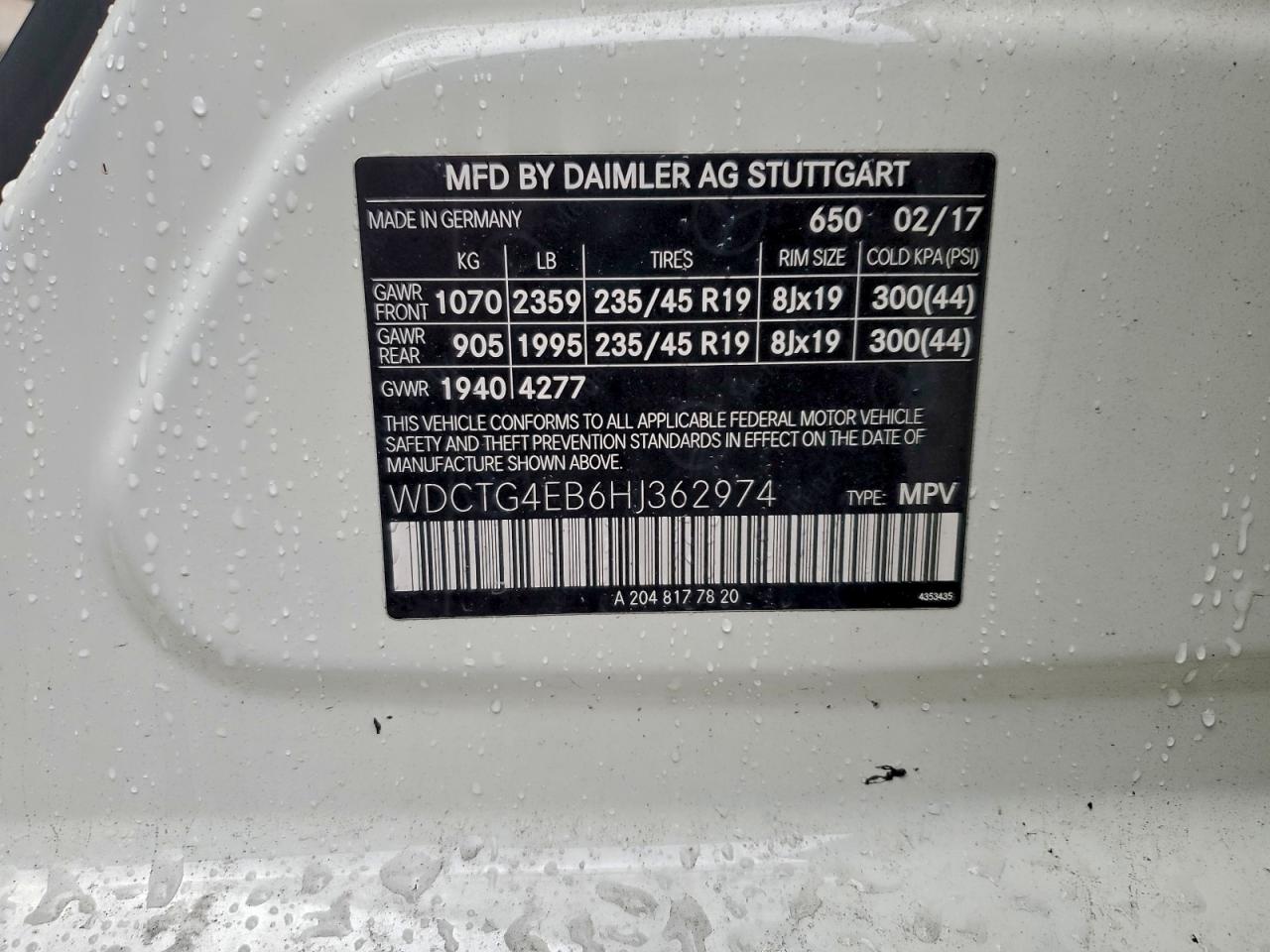 2017 Mercedes-Benz Gla 250 VIN: WDCTG4EB6HJ362974 Lot: 94323395